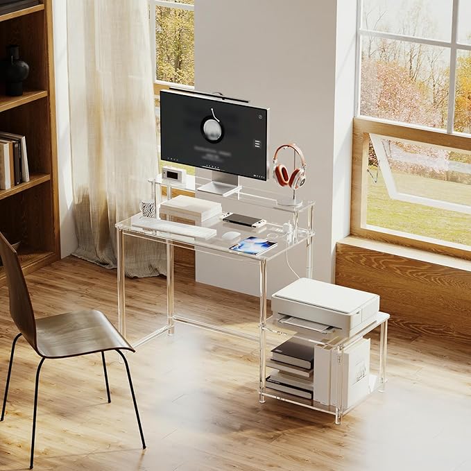 Eglaf Acrylic Desk with Printer Space - Home Office Desk Computer Desk with Power Outlet, Monitor Stand, for Study Working Writing Gaming, 44.5'' L x 18.9'' W x 35.8'' H, Clear - LeafyLoom
