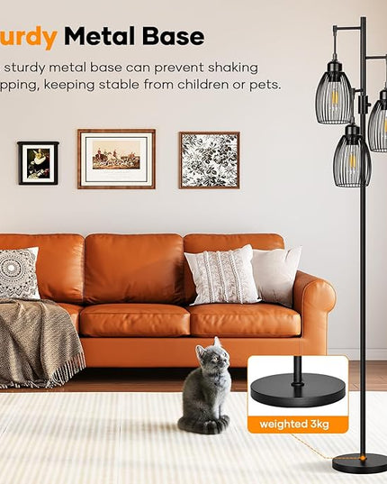 Dimmable Floor Lamp, 3 x 800LM LED Edison Bulbs Included, Farmhouse Industrial Floor Lamp Standing Tree Lamp with Elegant Teardrop Cage Tall Lamps for Living Room Bedroom Office Dining Room-Black - LeafyLoom