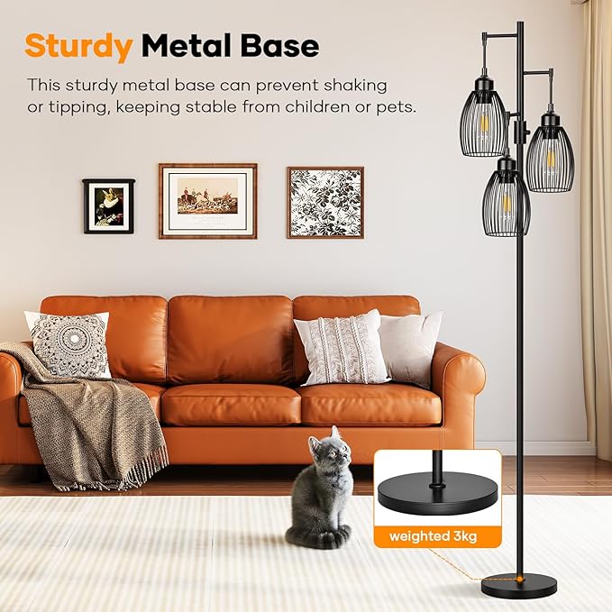 Dimmable Floor Lamp, 3 x 800LM LED Edison Bulbs Included, Farmhouse Industrial Floor Lamp Standing Tree Lamp with Elegant Teardrop Cage Tall Lamps for Living Room Bedroom Office Dining Room-Black - LeafyLoom