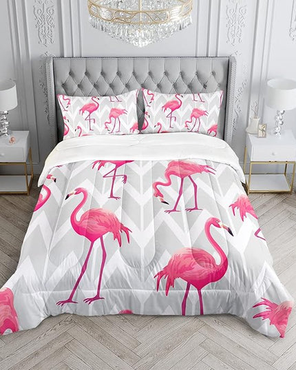 Flamingo Comforter Set Twin Size Tropical Flamingo Geometric Stripe Bedding Set Flamingo Quilted Duvet for Kids Girls Boys Adult with 1 Comforter and 2 Pillowcases - LeafyLoom