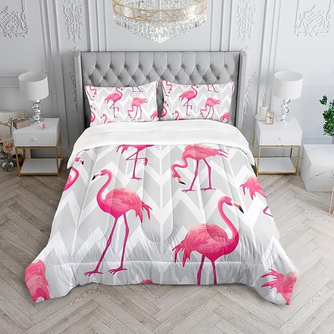 Flamingo Comforter Set Full Size Tropical Flamingo Geometric Stripe Bedding Set Flamingo Quilted Duvet for Kids Girls Boys Adult with 1 Comforter and 2 Pillowcases - LeafyLoom