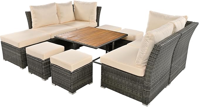 9-Pieces Outdoor Rattan Sectional Sofa Set, Wicker Patio Conversation Furniture with L-shape Couch&Storage Ottomans, Acacia Wood Coffee Table, for Garden Yard, Gray Wicker&Beige Cushion - LeafyLoom