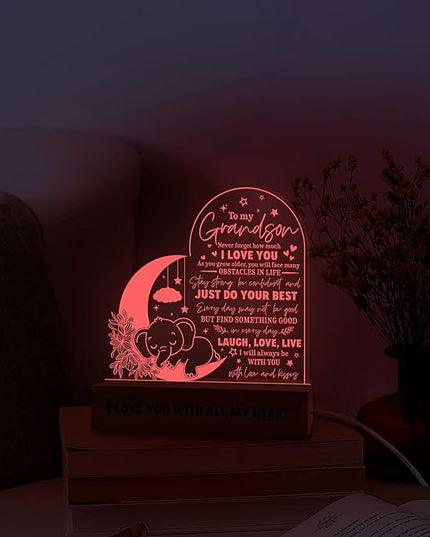 ARTSYWIX Grandson 3D Illusion Lamp w Wooden Base USB Powered Acrylic Night Light, To my Grandson Gift from Grandma & Grandpa, Son Grandson Bonus Son Boy Lamp Present, Birthday Gift Graduation Keepsake - LeafyLoom