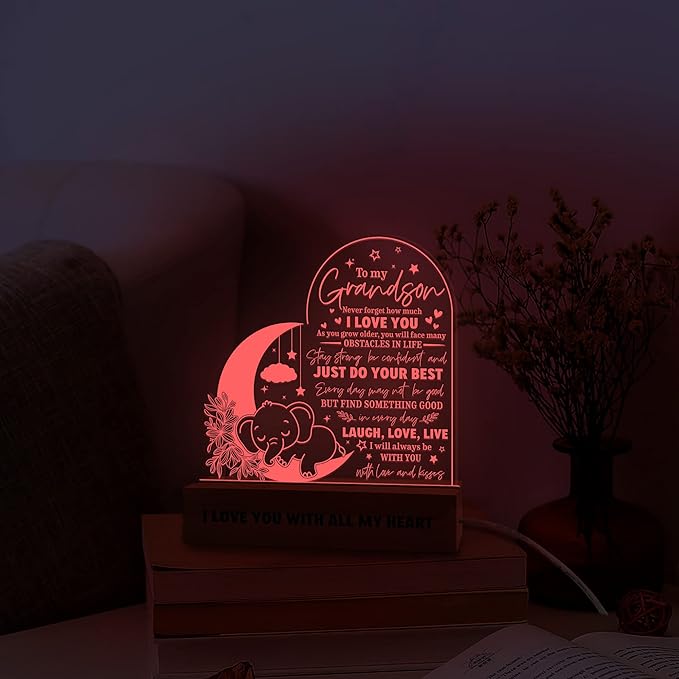 ARTSYWIX Grandson 3D Illusion Lamp w Wooden Base USB Powered Acrylic Night Light, To my Grandson Gift from Grandma & Grandpa, Son Grandson Bonus Son Boy Lamp Present, Birthday Gift Graduation Keepsake - LeafyLoom