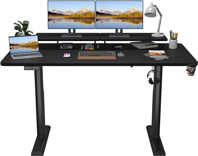 Electric Standing Desk with Monitor Shelf, 63 x 27 Inches Height Adjustable Corner Table, Computer Workstation with Cup Holder and Hook for Home Office, Black, 63x27 Inch - LeafyLoom