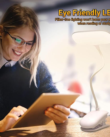 LED Desk Lamp with Clamp, Eye-Caring Clip on Lights for Home Office, 3000mAh Rechargeable Battery Operated Table Lamps,3 Lighting Modes & Brightness Dimmer Light for Kids Students - LeafyLoom