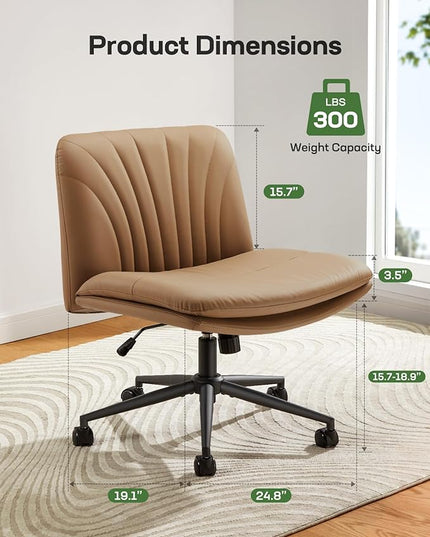 Marsail Armless-Office Desk Chair with Wheels: PU Leather Cross Legged Wide Chair,Comfortable Adjustable Swivel Computer Task Chairs for Home,Office,Make Up,Small Space,Bed Room, Brown - LeafyLoom