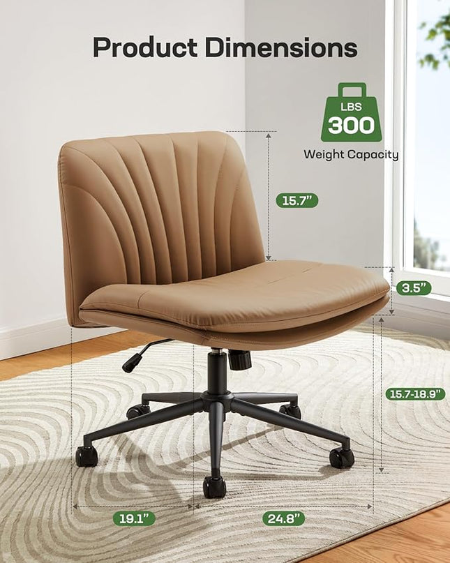 Marsail Armless-Office Desk Chair with Wheels: PU Leather Cross Legged Wide Chair,Comfortable Adjustable Swivel Computer Task Chairs for Home,Office,Make Up,Small Space,Bed Room, Brown - LeafyLoom