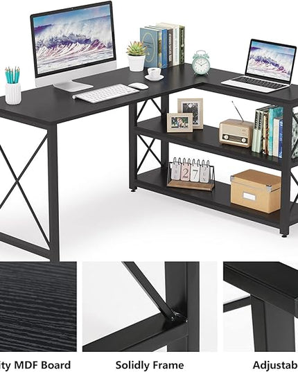 Tribesigns Reversible Industrial L-Shaped Desk with Storage Shelves, Corner Computer Desk PC Laptop Study Table Workstation for Home Office Small Space (Black, 53") - LeafyLoom