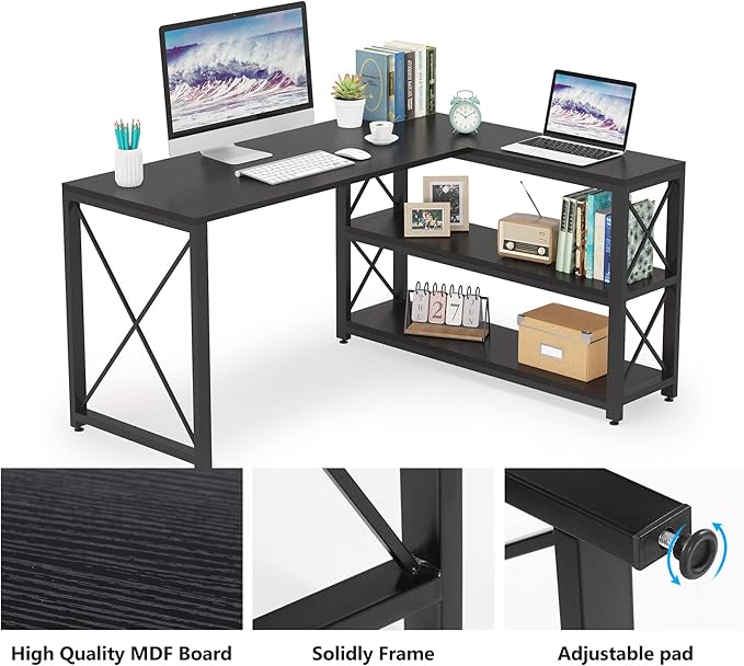 Tribesigns Reversible Industrial L-Shaped Desk with Storage Shelves, Corner Computer Desk PC Laptop Study Table Workstation for Home Office Small Space (Black, 53") - LeafyLoom