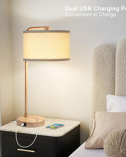 Farmhouse Table Lamp, Fully Dimmable Bedisde Lamp with Dual USB Charging Ports, Modern Nightstand Lamp, Tall Table Lamp Desk Reading Lamp for Living Room, Bedroom, Office, 9W LED Bulb Included - LeafyLoom