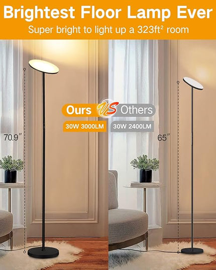 OUTON Floor Lamp, 30W/3000LM LED Modern Torchiere Sky Lamp, Super Bright Dimmable Standing Tall Lamp with 4 Color Temperatures, Remote Touch Control, 1 Hour Timer for Living Room Bedroom Office, Black - LeafyLoom