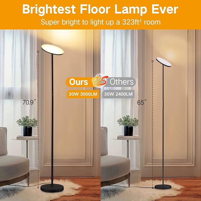 OUTON Floor Lamp, 30W/3000LM LED Modern Torchiere Sky Lamp, Super Bright Dimmable Standing Tall Lamp with 4 Color Temperatures, Remote Touch Control, 1 Hour Timer for Living Room Bedroom Office, Black - LeafyLoom