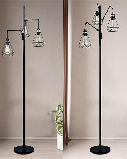 Dimmable Floor Lamp,Industrial Tree Floor Lamp with 3 Birdcage Hanging Cage Heads Up-Down Adjustment Branch Strong Base 69‘‘Tall Vintage Pole Light Great for Farmhouse Rustic Bedroom Office - LeafyLoom