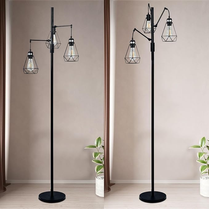 Dimmable Floor Lamp,Industrial Tree Floor Lamp with 3 Birdcage Hanging Cage Heads Up-Down Adjustment Branch Strong Base 69‘‘Tall Vintage Pole Light Great for Farmhouse Rustic Bedroom Office - LeafyLoom