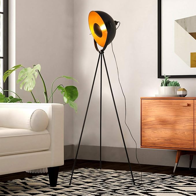 Modern Industrial Tripod LED Satellite Floor Table Lamp - Vintage Adjustable Reading Standing Desk Light Deco - Movie Media Nautical Elegant Design Lighting for Living Room Bedroom(Black,E26 Base) - LeafyLoom
