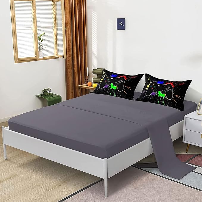 Kids Gaming Bedding Sets, 6 Piece Gamer Comforter Sets for Teens Boys Full Size for Bedroom Comforter Set Adult 3D Gamepad Microfiber Bedding Sets Fits All Season - LeafyLoom