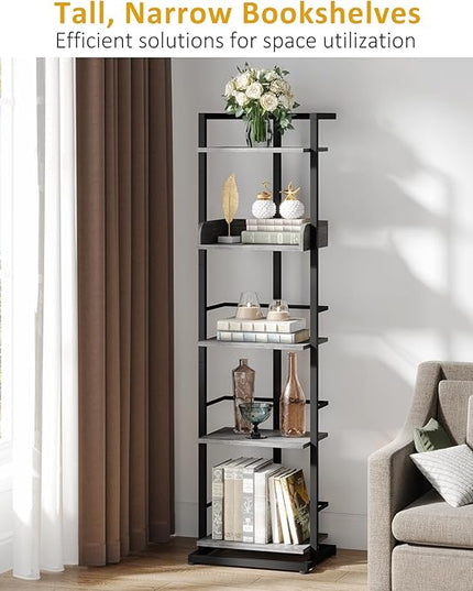 Bookshelf 5-Tier Book shelf - Narrow Wood Bookcase Tall Corner Book Shelves Storage Organizer Display Book Rack for Living Room Bedroom Office Home Grey - LeafyLoom