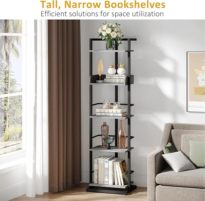 Bookshelf 5-Tier Book shelf - Narrow Wood Bookcase Tall Corner Book Shelves Storage Organizer Display Book Rack for Living Room Bedroom Office Home Grey - LeafyLoom