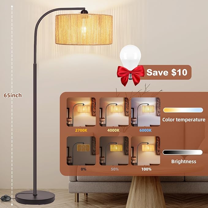 Boho Floor Lamp with Dimmable Bulb Nartual Rattan Adjustable Lampshade, Bronze Rustic Farmhouse Floor Lamps for Living Room, Bedroom, Office, Classroom - LeafyLoom
