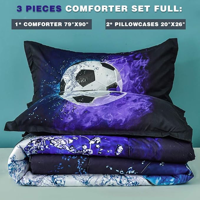 Andency 3D Soccer Comforter Full(79x90 Inch), 3 Pieces(1 Soccer Comforter, 2 Pillowcases) Sport Microfiber Soccer Comforter Set Bedding Set for Boy Kids Teens - LeafyLoom