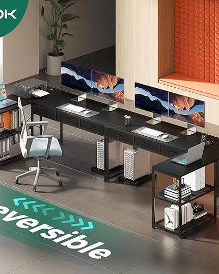 AODK 61 Inch L Shaped Computer Desk with Drawers, Corner Desk with Power Outlets & Reversible Storage Shelves, Movable CPU Stand for Home Office Gaming, Black - LeafyLoom