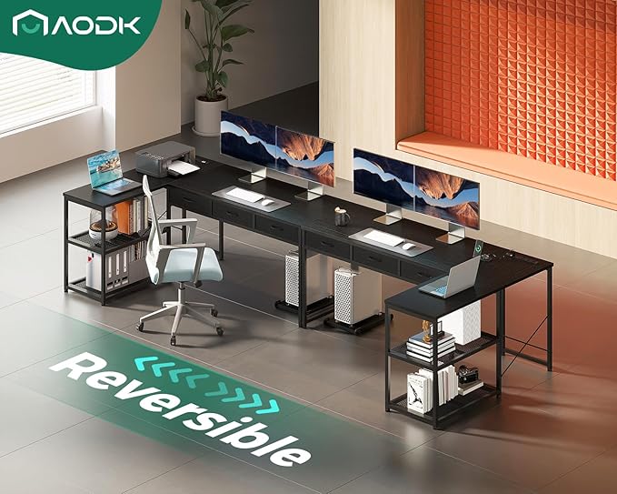 AODK 61 Inch L Shaped Computer Desk with Drawers, Corner Desk with Power Outlets & Reversible Storage Shelves, Movable CPU Stand for Home Office Gaming, Black - LeafyLoom