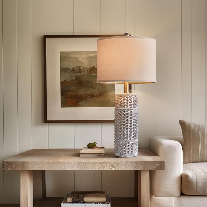 OYEARS 25.5 "Retro Farmhouse Table Lamps Set of 2 Woven Pattern Resin Bedside Lamps Classic Country Washed White Lamp for Bedroom Living Room Home Office - LeafyLoom