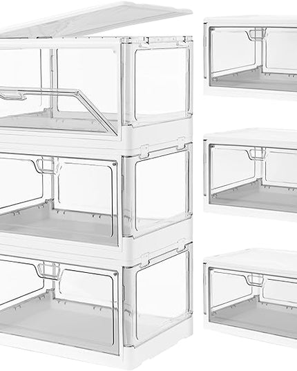 3-Pack Clear Stackable Storage Bins with Lids Magnetic Doors Open Front Foldable Folding Plastic Craft Containers Large Closet Organizers Box for Bedrooms Living Rooms Study Kids' Toys 24 QT - LeafyLoom
