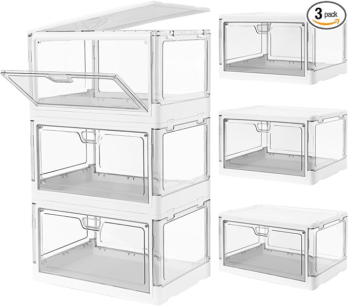 3-Pack Clear Stackable Storage Bins with Lids Magnetic Doors Open Front Foldable Folding Plastic Craft Containers Large Closet Organizers Box for Bedrooms Living Rooms Study Kids' Toys 24 QT - LeafyLoom