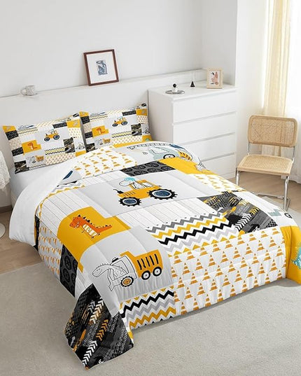 Construction Comforter Set Full Size Kids Cartoon Car Excavator Tractor Toddler Comforter Equipment Trucks Plaid Grid Yellow Comforter Set Construction Vehicles Duvet Set Quilt Set - LeafyLoom