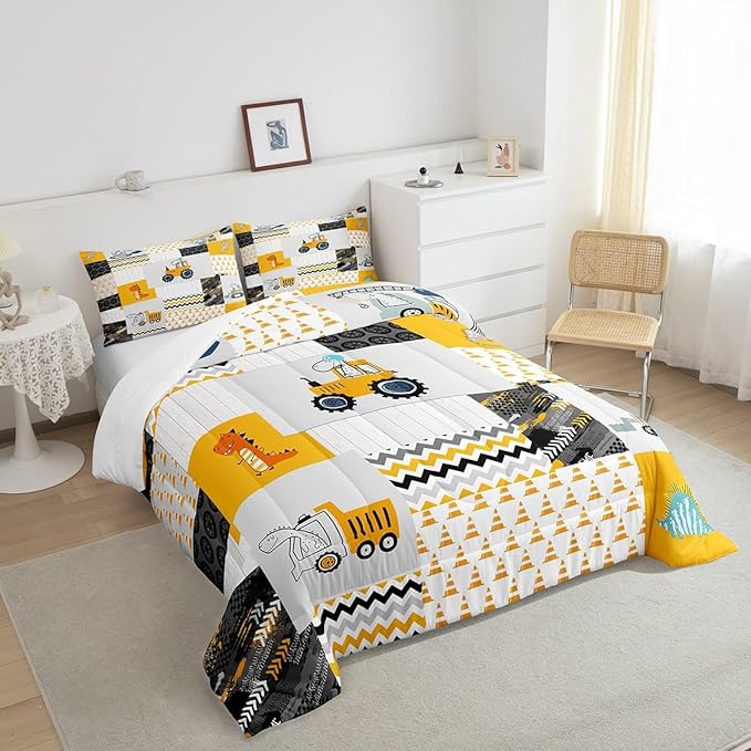 Construction Comforter Set Full Size Kids Cartoon Car Excavator Tractor Toddler Comforter Equipment Trucks Plaid Grid Yellow Comforter Set Construction Vehicles Duvet Set Quilt Set - LeafyLoom