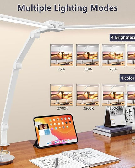 KableRika Desk Lamp,Double Head Desk Lamp with Clamp,24W Led Desk Lights for Home Office Ultra Bright Architect Table Lamp 4 Brightness 4 Color,Auto Dimming Task Lamp for Monitor Work Study White - LeafyLoom