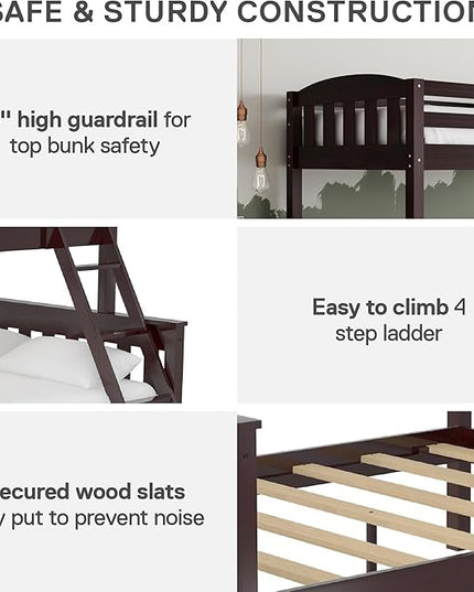 DHP Airlie Convertible Wood Bunk Bed, Stackable and Detachable Bed Frames for Kids and Teens, with Angled Ladder, High Guardrail, Wood Slats, No Boxspring Required, Twin-Over-Full, Espresso - LeafyLoom