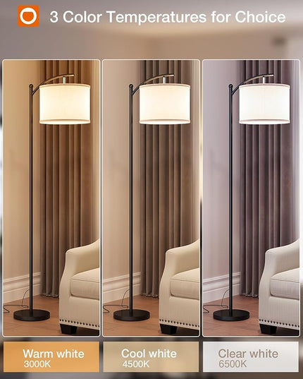 addlon Floor Lamp for Living Room with 3 Color Temperatures, Standing lamp with Linen lampshade for Bedroom, Office, Lamps with 9W LED Bulb Included - Black with Gray Lampshade - LeafyLoom