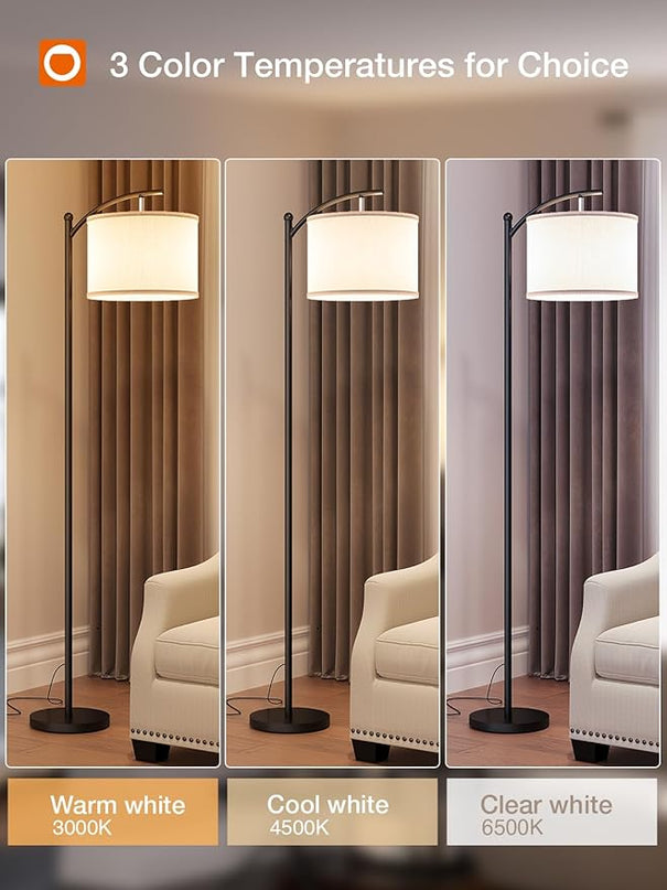 addlon Floor Lamp for Living Room with 3 Color Temperatures, Standing lamp with Linen lampshade for Bedroom, Office, Lamps with 9W LED Bulb Included - Black with Gray Lampshade - LeafyLoom