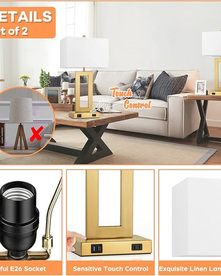 22’’ Table Lamps for Bedrooms Set of 2, Gold Bedside USB Desk Lamp with AC Outlet, Touch Control Modern Vintage Living Room Table Lamp for Nightstand End Table, 3-Way Dimming with 2 E26 Edison Bulbs - LeafyLoom
