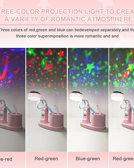 Pink Kids Desk Lamp with Pen holder, Rabbit cute LED Desk/Table Lamp with Dimmable Natrue Light, USB rechargeable and Funny projector, Small Bedside lamp, LED lamp for girls Bedrooms - LeafyLoom