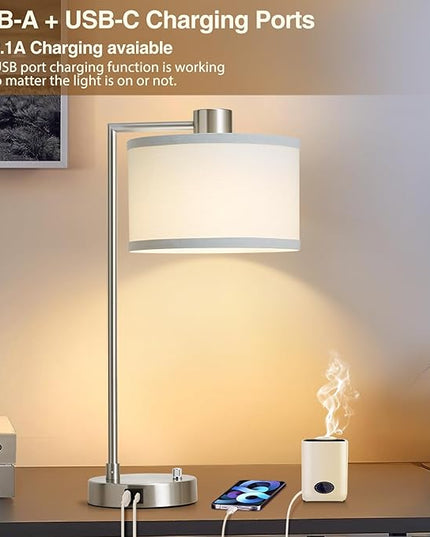 Luvkczc Table Lamp for Bedroom Set of 2 with USB C+A Ports - Fully Stepless Dimmable Bedside Lamp with Linen Lampshade - Contemporary Lamp for Living Room Reading Office, 2 LED Bulbs Included (Silver) - LeafyLoom
