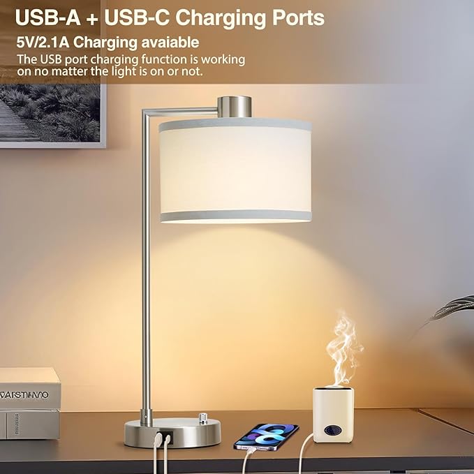 Luvkczc Table Lamp for Bedroom Set of 2 with USB C+A Ports - Fully Stepless Dimmable Bedside Lamp with Linen Lampshade - Contemporary Lamp for Living Room Reading Office, 2 LED Bulbs Included (Silver) - LeafyLoom