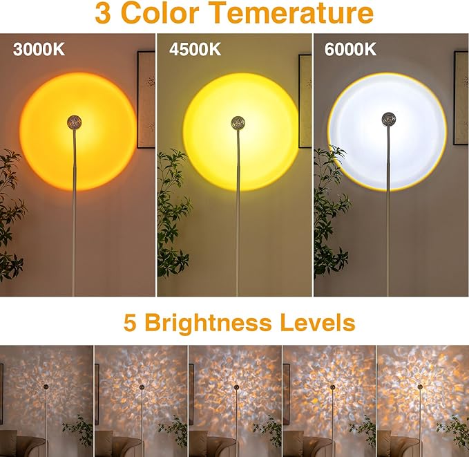 Sunset Lamp Projector with 3D Ocean Wave, 12 Colors Changing & Four Mode with USB Port, RGB Floor Lamp Double Side Lighting with Remote,Creative DIY Mode, 360° Rotation Atmosphere Lamp White - LeafyLoom