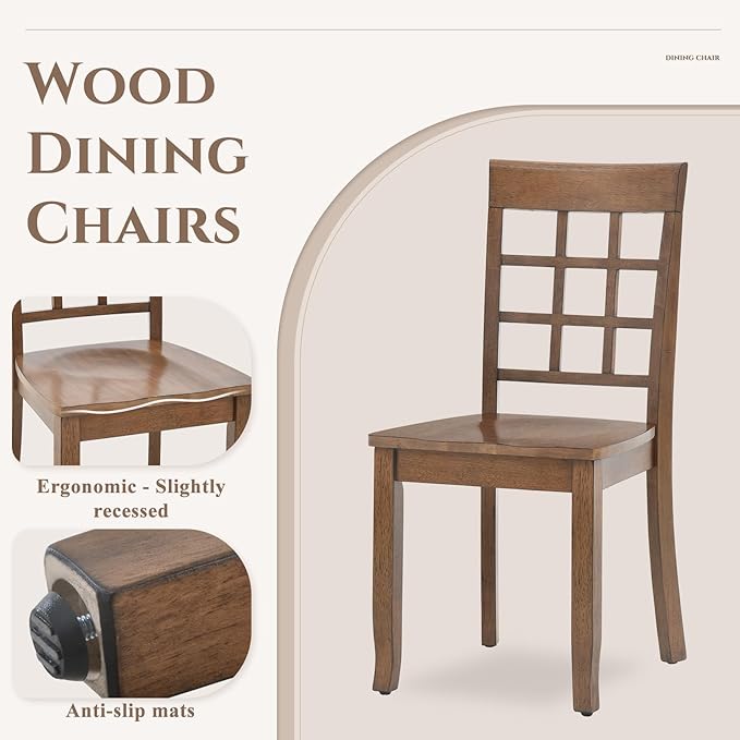 COLAMY Wooden Dining Chairs Set of 2, Nine-Square High Back Kitchen Side Chair, Farmhouse Dining Chairs for Kitchen and Dining Room, Light Brown - LeafyLoom