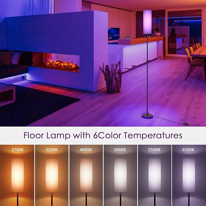 Floor Lamps for Living Room, Modern Floor Lamp with RGB LEDs Bulb,Dimmable Floor Lamp with App Control & Remote Control,Tall Reading Lamp for Bedroom, Living Room, Office,Gray Lampshade - LeafyLoom
