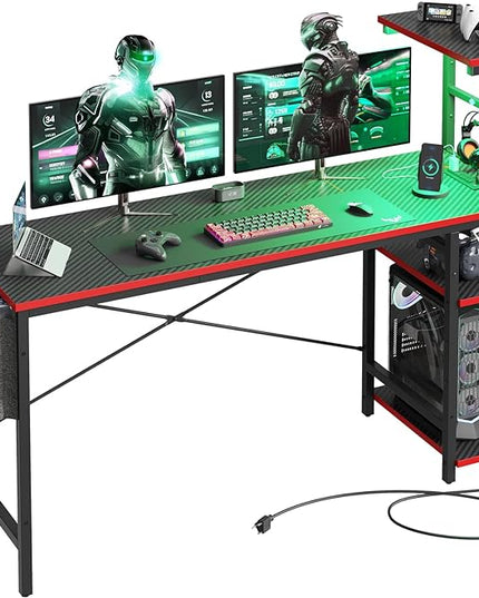 Bestier Gaming Desk with Power Outlets, 61 Inch Large Led Gamer Desk with 4 Tiers Reversible Shelves, PC Gaming Table with Headset Hook & Side Storage Bag for Bedroom (Black 3D Carbon Fiber) - LeafyLoom