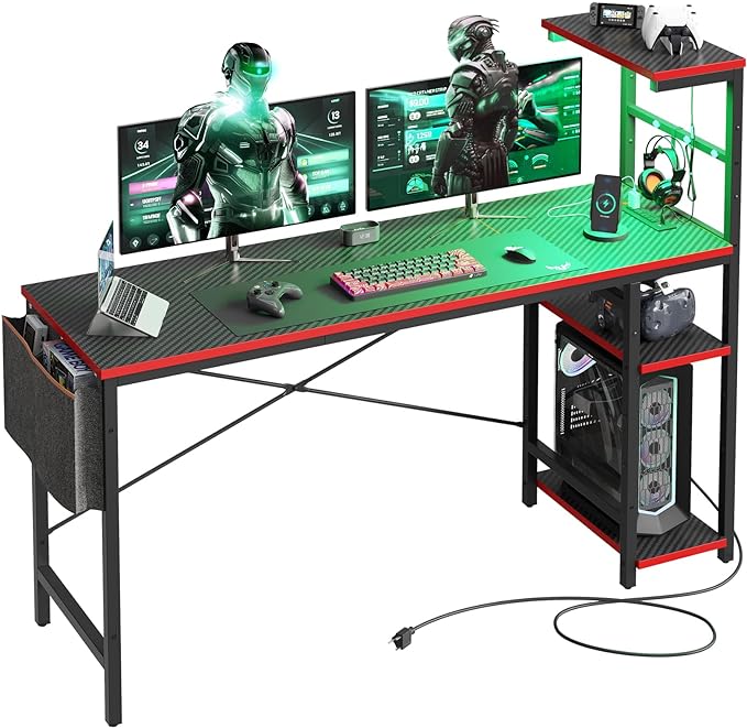 Bestier Gaming Desk with Power Outlets, 61 Inch Large Led Gamer Desk with 4 Tiers Reversible Shelves, PC Gaming Table with Headset Hook & Side Storage Bag for Bedroom (Black 3D Carbon Fiber) - LeafyLoom
