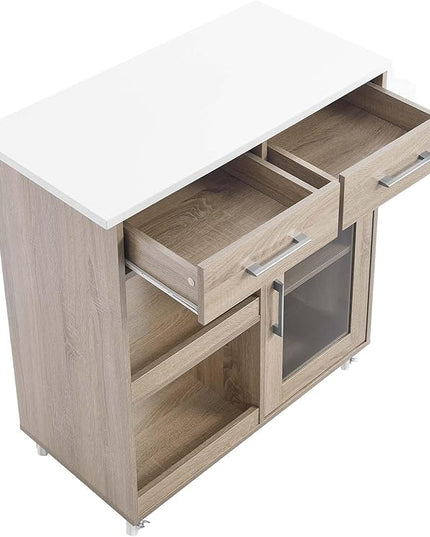 Modway Culinary Rolling Kitchen Cart with Storage in Oak White - 3 Tiers Kitchen Island on Wheels with Spice Rack, Functional as a Coffee Station, Bar Cabinet or Butcher Block Island - LeafyLoom