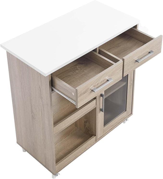 Modway Culinary Rolling Kitchen Cart with Storage in Oak White - 3 Tiers Kitchen Island on Wheels with Spice Rack, Functional as a Coffee Station, Bar Cabinet or Butcher Block Island - LeafyLoom