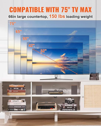 VEVOR Rattan TV Stand for 75in TV, Boho TV Stand with Rattan Door, Entertainment Center with Build-in Socket, Storage Cabinet with 2 Shelves, Modern TV Console for Living Room, Media Room, White - LeafyLoom