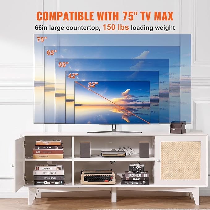 VEVOR Rattan TV Stand for 75in TV, Boho TV Stand with Rattan Door, Entertainment Center with Build-in Socket, Storage Cabinet with 2 Shelves, Modern TV Console for Living Room, Media Room, White - LeafyLoom