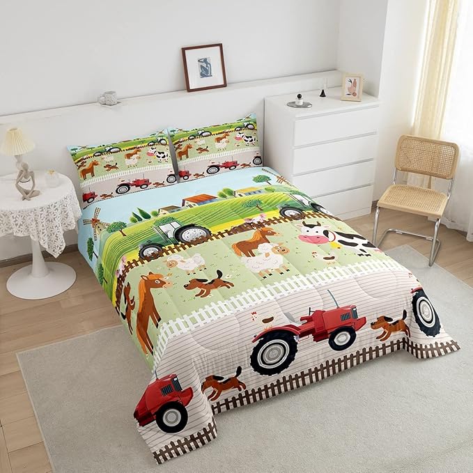 Tractor Bedding Sets for Boys Queen Size Toddler Kids Cute Cartoon Farm Animals Comforter Set Girls Children Farmhouse Country Down Comforter for All Season Colorful Room Decor Nature Theme Duvet Set - LeafyLoom